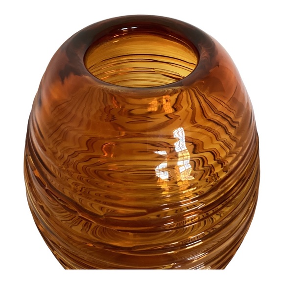 Eastern Beehive Art Glass Vase Honey Amber Hand Blown String Thread Overlay VTG - Picture 11 of 16